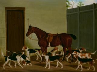 James Loder Of Bath - A bay hunter with fox hounds in a stable