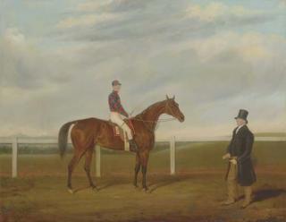 James Loder of Bath - A bay Racehorse with Jockey up, and his owner, on a racecourse
