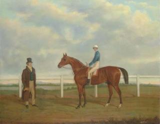 James Loder of Bath - A bay Racehorse with Jockey up, and his owner, on a racecourse
