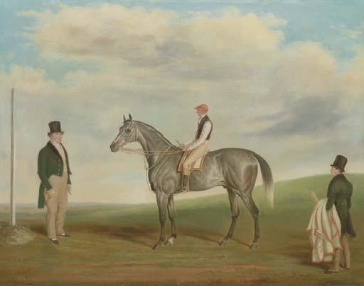 James Loder of Bath - A Grey Racehorse with Jockey Up, with a Gentleman and a Stableboy