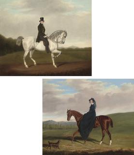 James Loder of Bath - Portrait of a gentleman in a green coat on a grey stallion in a landscape; and Portrait of a lady in a blue dress on a chestnut mare with a dog in a landscape