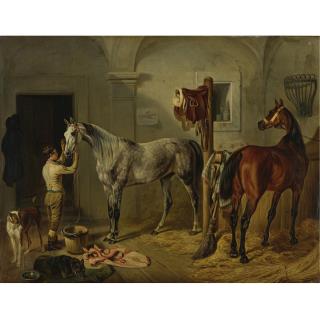James Loder - British Preparing For The Hunt, A Dapple Grey And A Bay Hunter In A Stable
