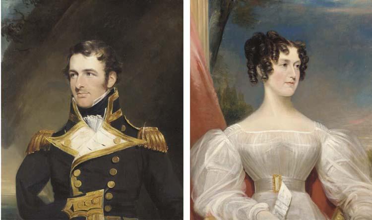 James Lonsdale - Portrait of Rear-Admiral William Bateman Dashwood, half-length, in Naval dress uniform;  and Portrait of his wife, Louisa Henrietta Dashwood, half-length, in a white dress, seated before a landscape