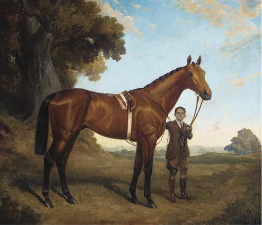 James Lynwood Palmer - A bay racehorse held by a groom