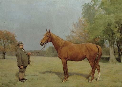 James Lynwood Palmer - A Chestnut Hunter And Groom, In An Extensive Landscape