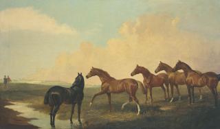 James Lynwood Palmer - Horses in an extensive landscape with figures beyond