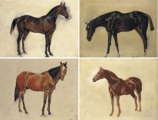 James Lynwood Palmer - Sketch of a dark bay horse; and sketches of A bay horse; A chestnut horse; and A dark brown horse
