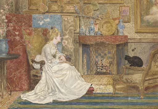 James Macbeth, R.S.A. - An elegant lady seated by a fire in a chinese influenced interior