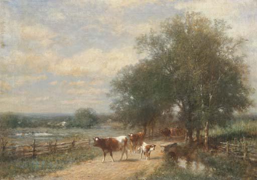 James Macdougal Hart - Cows on a lane in a landscape
