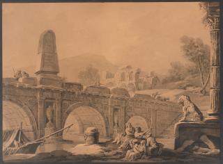 James Malton - An Italianate capriccio with figures by a bridge and classical ruins