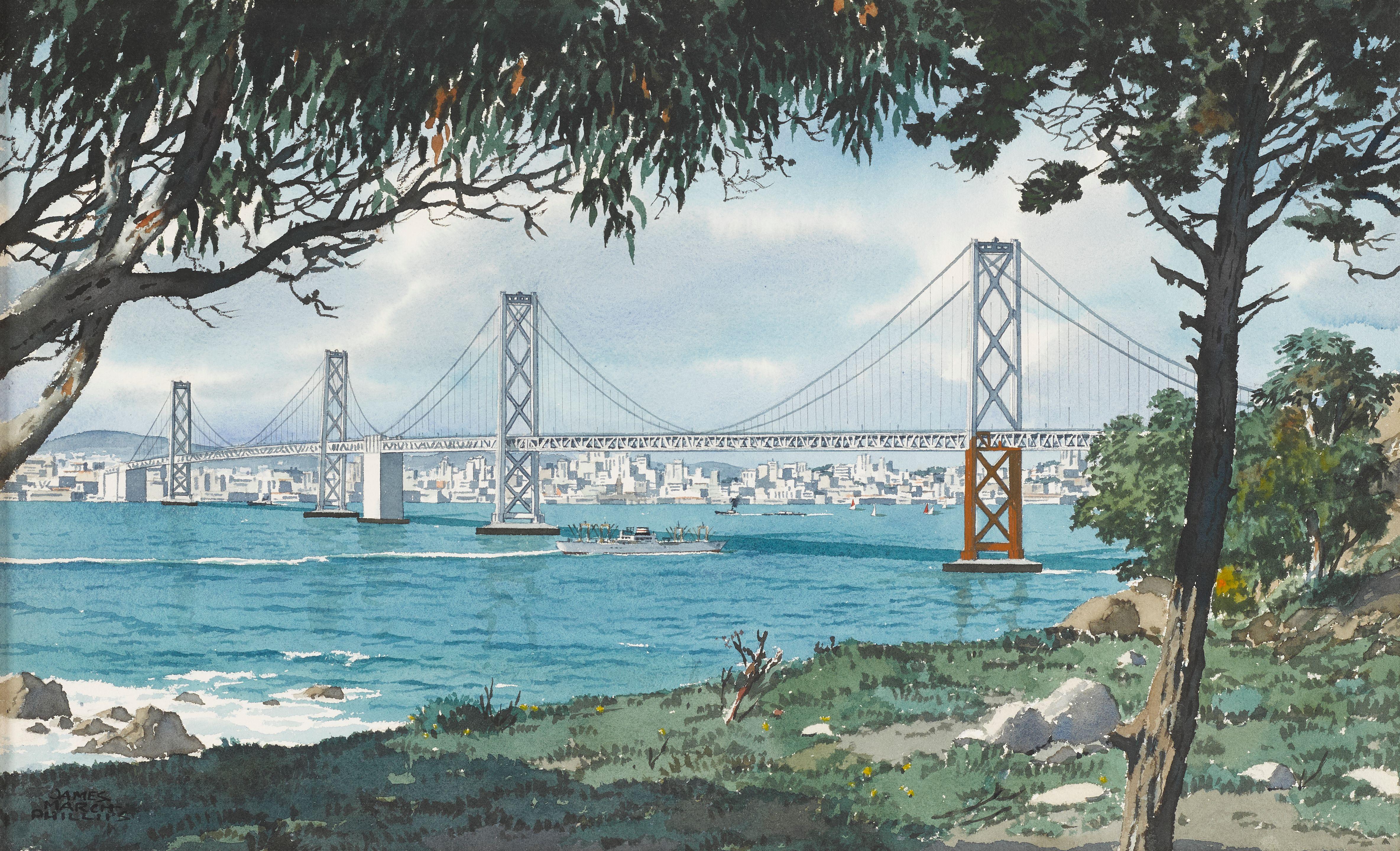 James March Phillips - A View of the Bay Bridge, Looking Toward San Francisco from Clipper Cove Beach on Yerba Buena Island