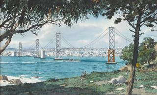 James March Phillips - A View of the Bay Bridge, Looking Toward San Francisco from Clipper Cove Beach on Yerba Buena Island