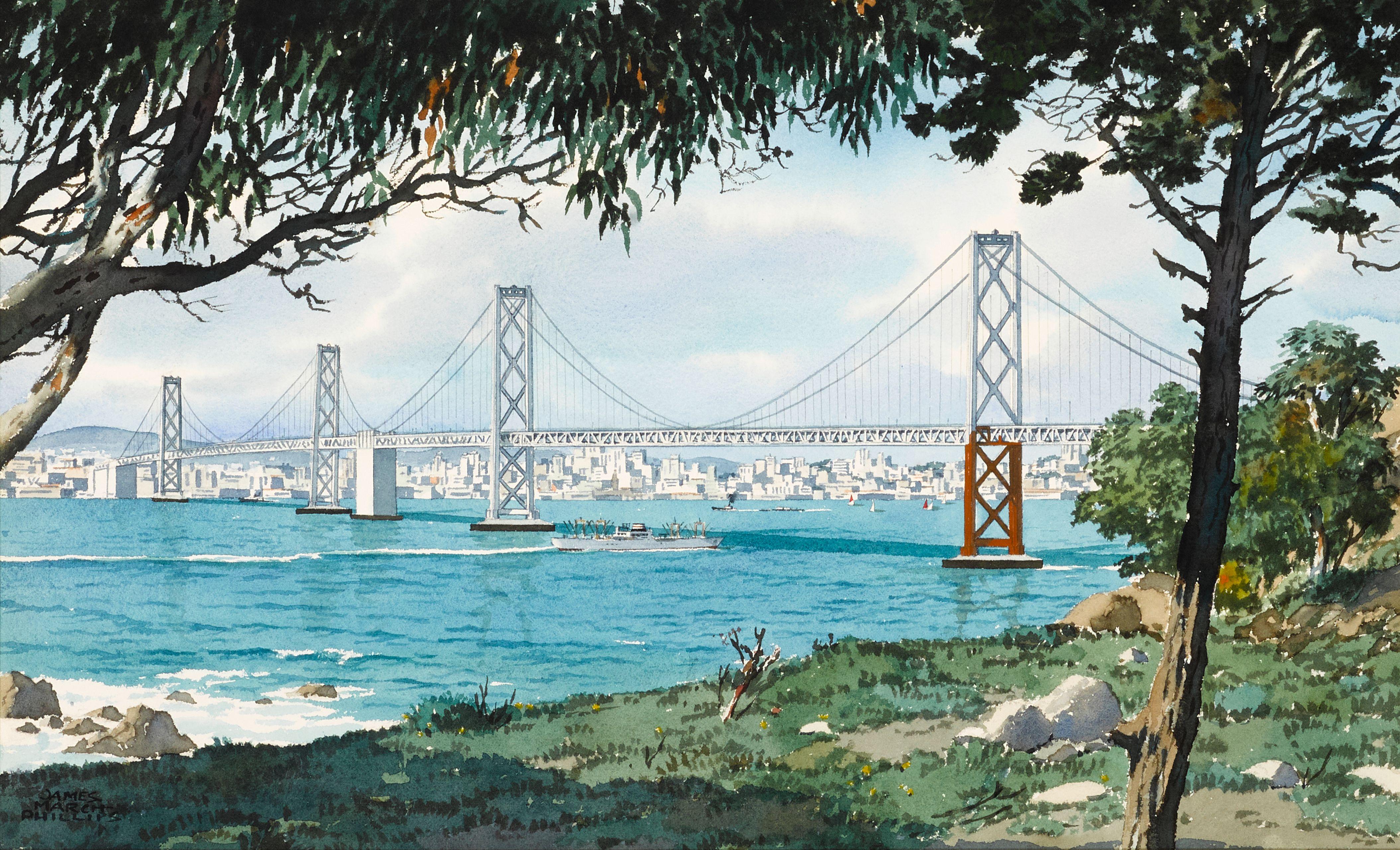 James March Phillips - A View of the Bay Bridge, Looking Toward San Francisco from Clipper Cove Beach on Yerba Buena Island