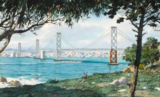 James March Phillips - A View of the Bay Bridge, Looking Toward San Francisco from Clipper Cove Beach on Yerba Buena Island