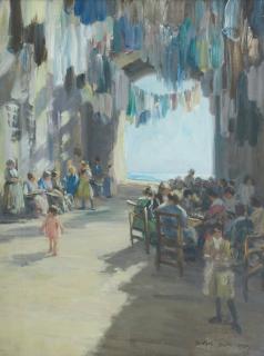 James McBey LLD - Lacemakers and beadstringers in a sunlit street, Venice