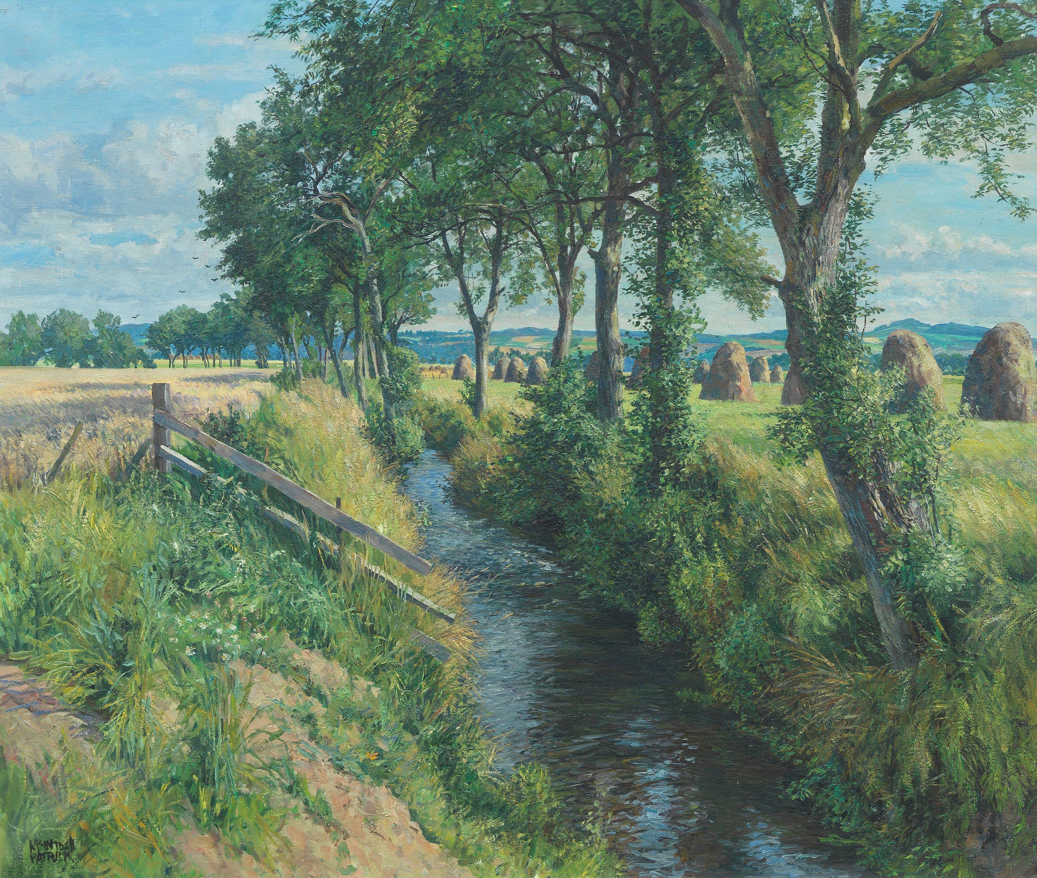 James Mcintosh Patrick RSA ROI ARE LLD - A stream in Summer, the Fife hills in the distance