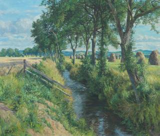 James Mcintosh Patrick RSA ROI ARE LLD - A stream in Summer, the Fife hills in the distance