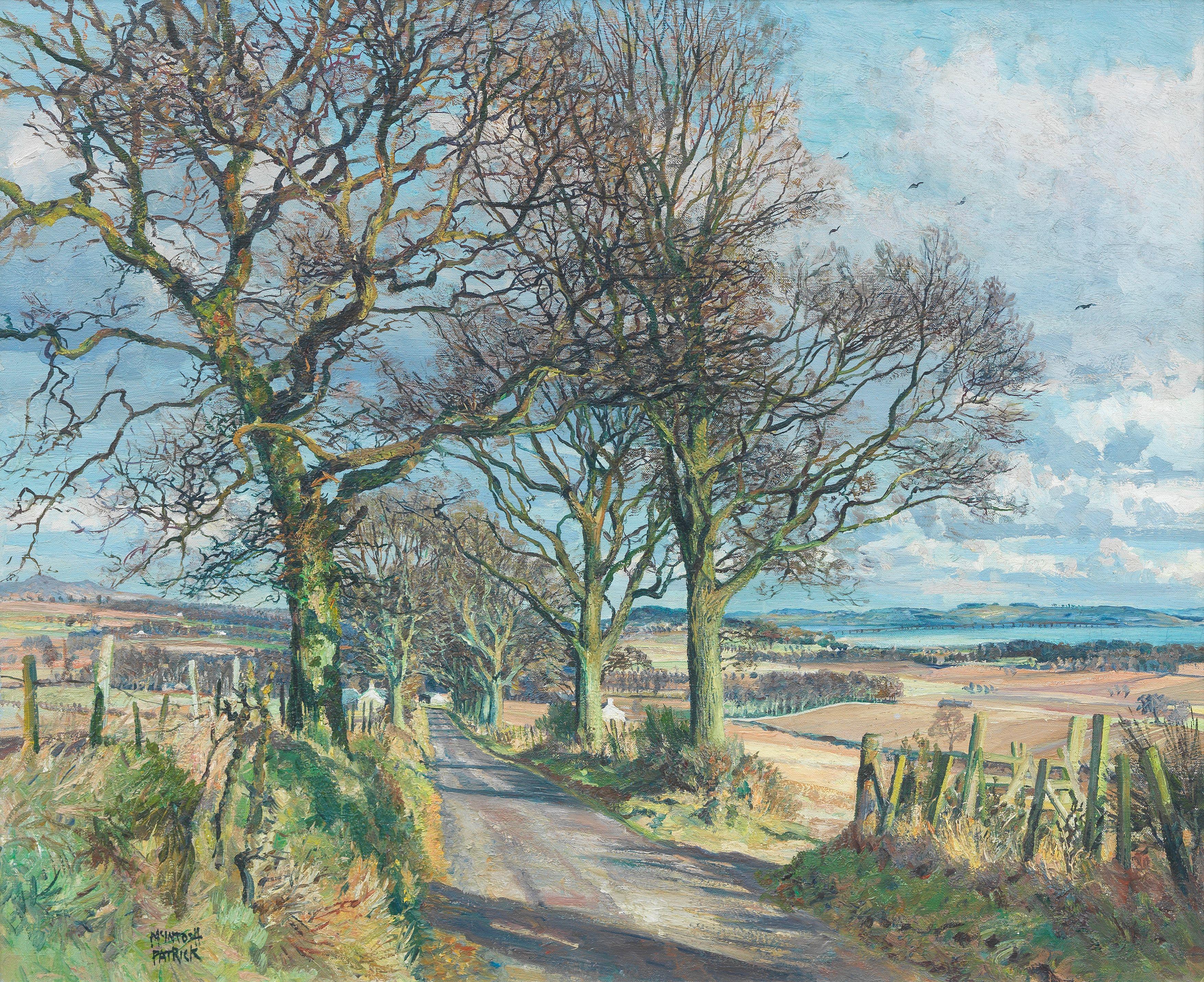 James Mcintosh Patrick RSA ROI ARE LLD - Sunlit path, the Carse of Gowrie with the Tay beyond