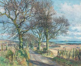 James Mcintosh Patrick RSA ROI ARE LLD - Sunlit path, the Carse of Gowrie with the Tay beyond