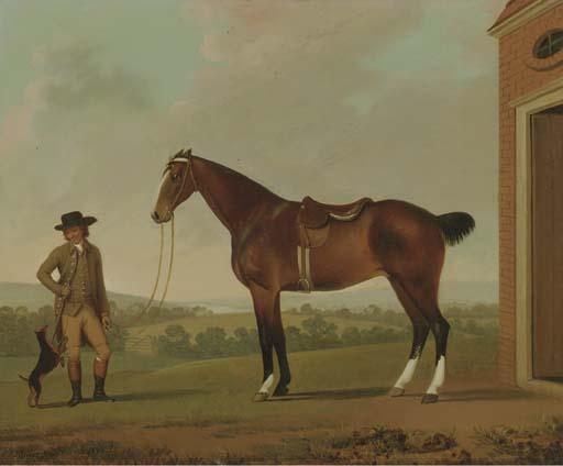 James Millar - A Groom holding a Saddled Hunter outside a Stable with a Terrier