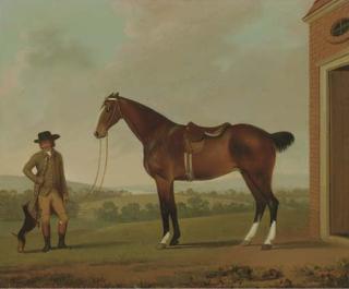 James Millar - A Groom holding a Saddled Hunter outside a Stable with a Terrier