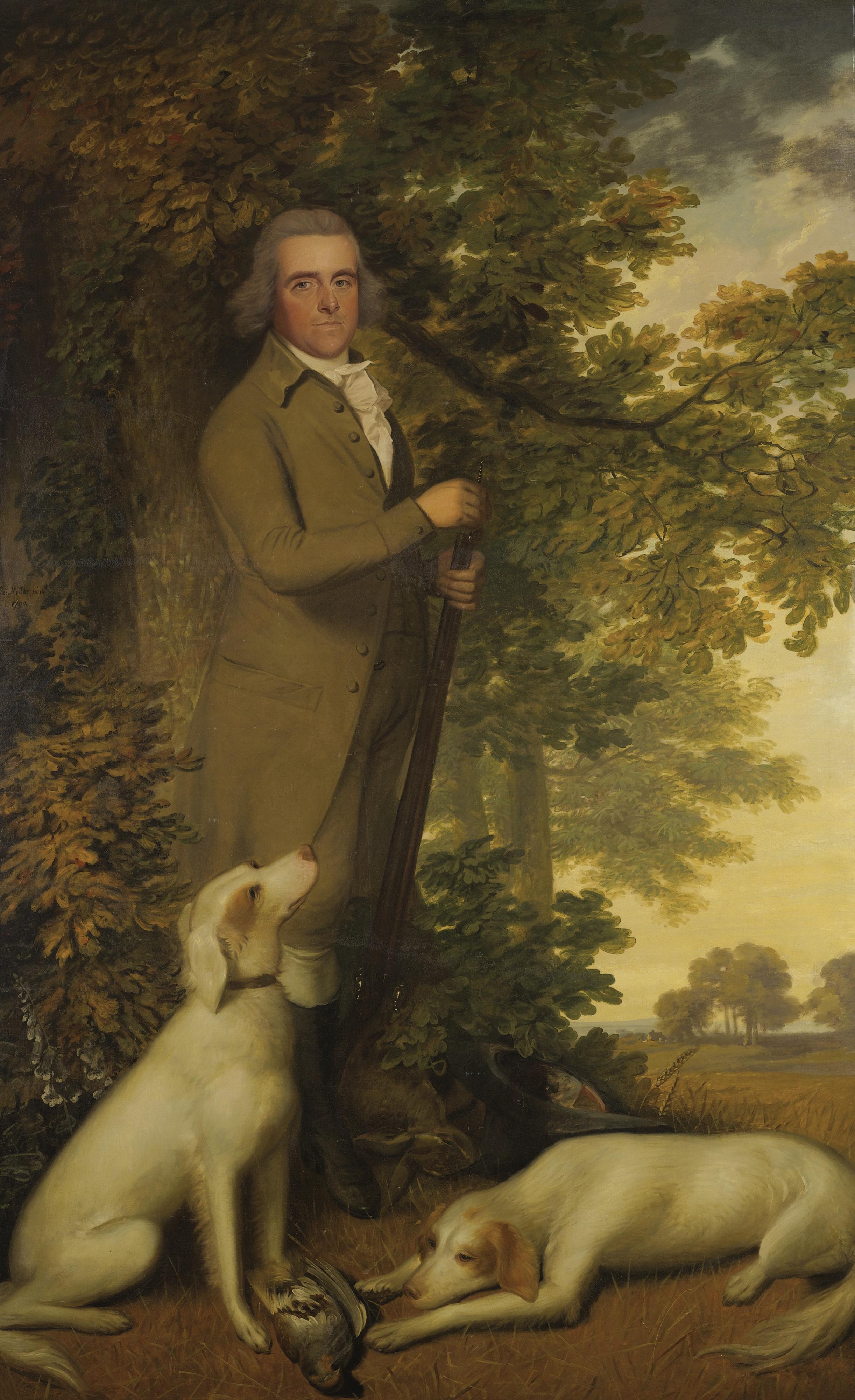 James Millar - Portrait Of A Gentleman, Full-Length, In A Green Coat, Holding A Gun, Two Dogs And A Partridge At His Feet, In A Wooded Landscape