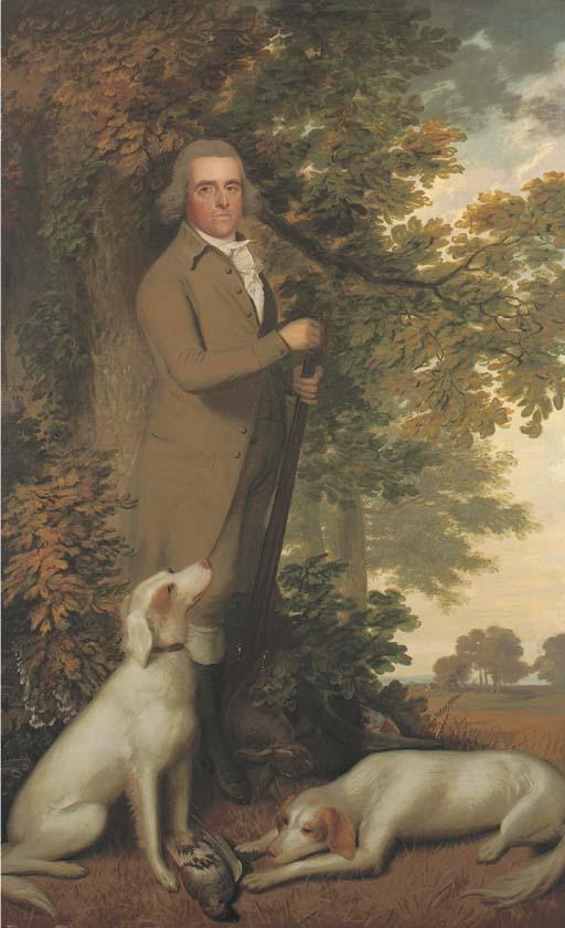 James Millar - Portrait of A Gentleman, Full-Length, In A Green Coat, Holding A Gun, Two Dogs And A Partridge At His Feet, In A Wooded Landscape