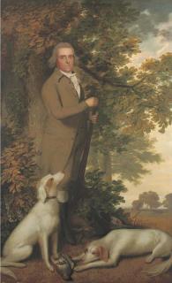 James Millar - Portrait of A Gentleman, Full-Length, In A Green Coat, Holding A Gun, Two Dogs And A Partridge At His Feet, In A Wooded Landscape