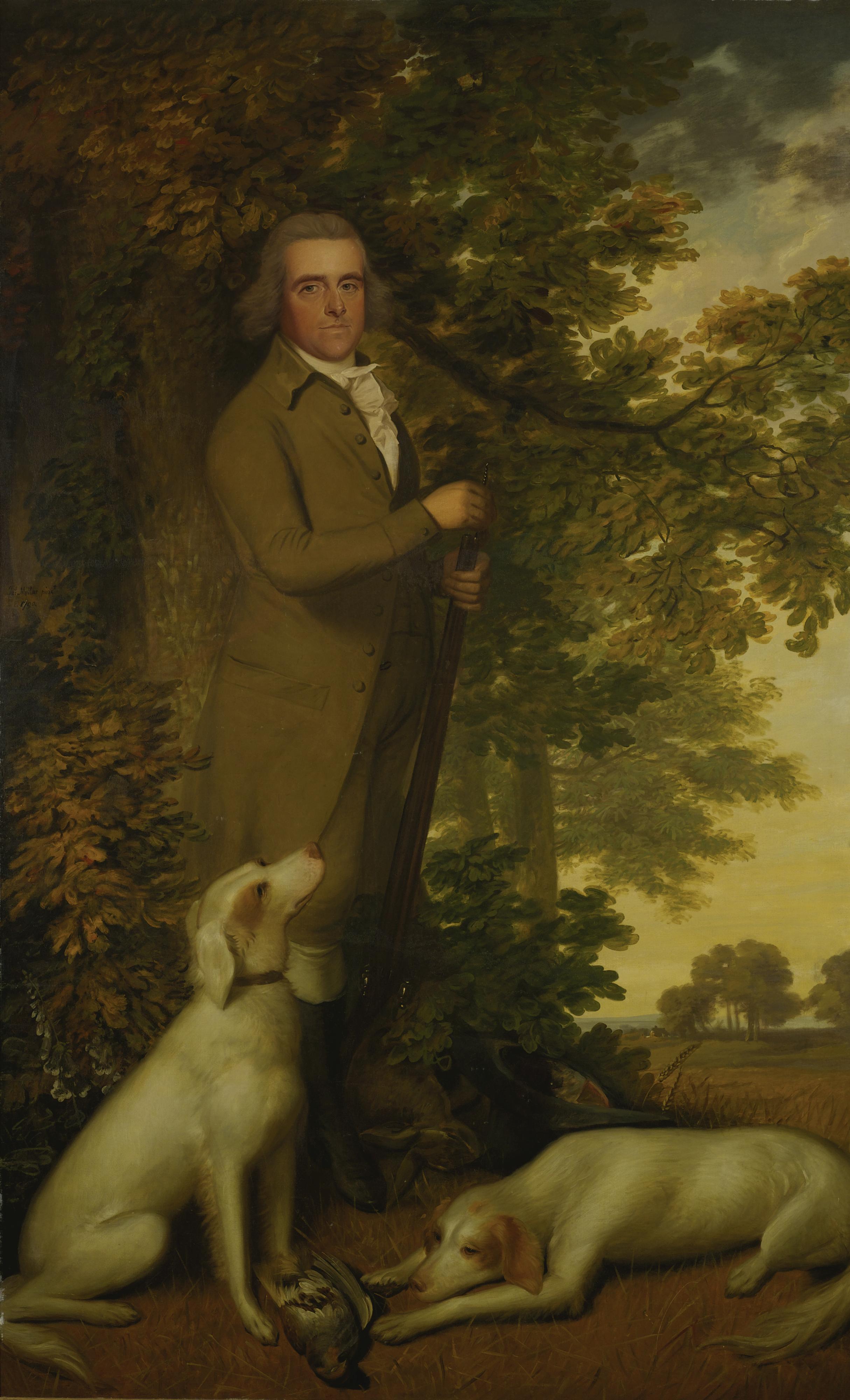 James Millar - Portrait Of A Gentleman, Full-Length, In A Green Coat, Holding A Gun, Two Dogs And A Partridge At His Feet, In A Wooded Landscapejames Millar
