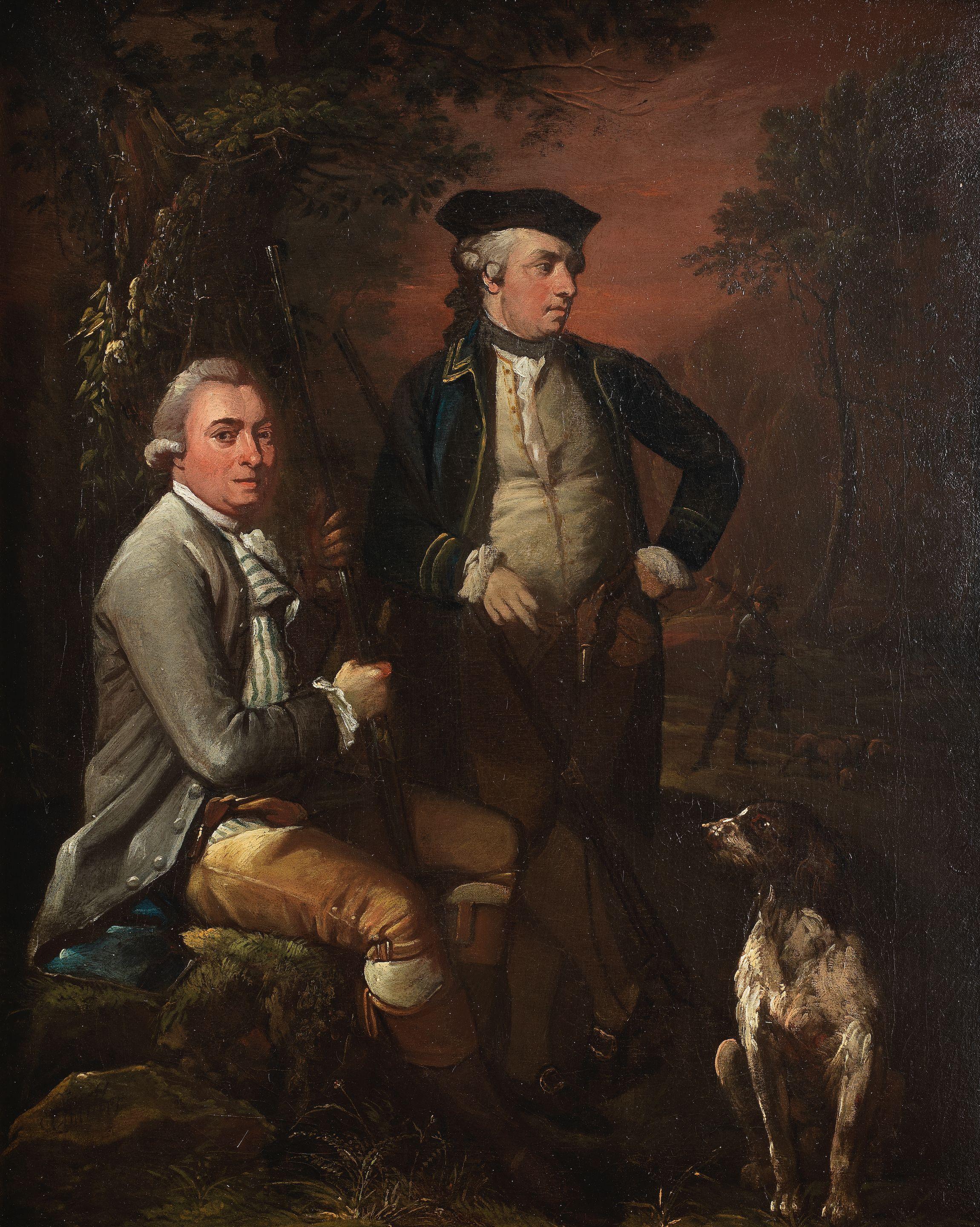 James Millar - Portrait of two sportsmen in a landscape with a spaniel