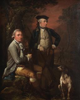 James Millar - Portrait of two sportsmen in a landscape with a spaniel