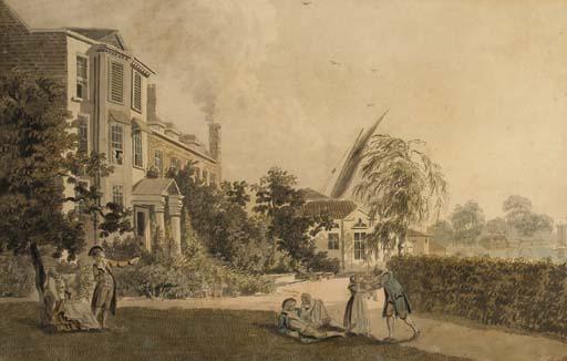 James Miller - A house situated on the banks of the Thames, near Hammersmith, with figures in the garden