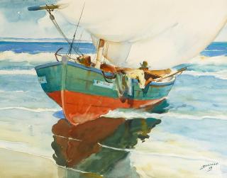 James Milton Sessions - Figure in a beached fishing boat
