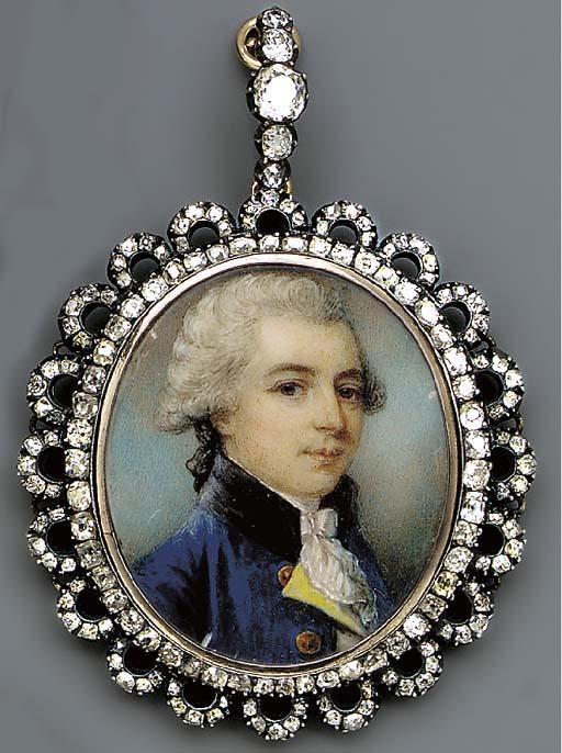 James Nixon - A young gentleman, facing right in blue coat with black collar and gold buttons, yellow waistcoat and frilled cravat, powdered hair en queue