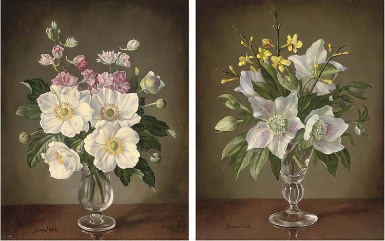 James Noble - Anenomies, Larkspur And Delphiniums; And Christmas Roses