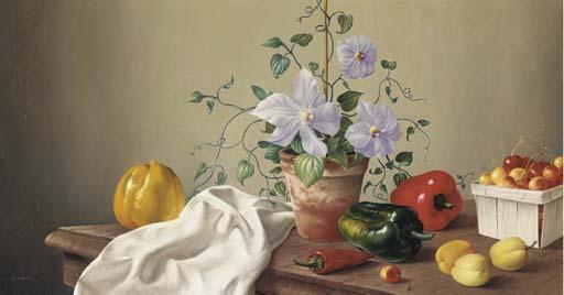James Noble - Peppers, plums, a punnet of cherries and a pot plant on a draped table