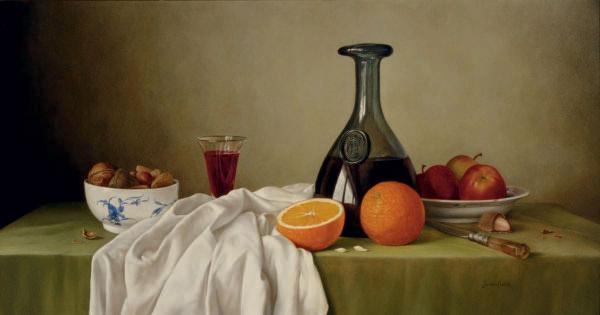 James Noble - Still Life of fruit, wine and a bowl of nuts on a draped table