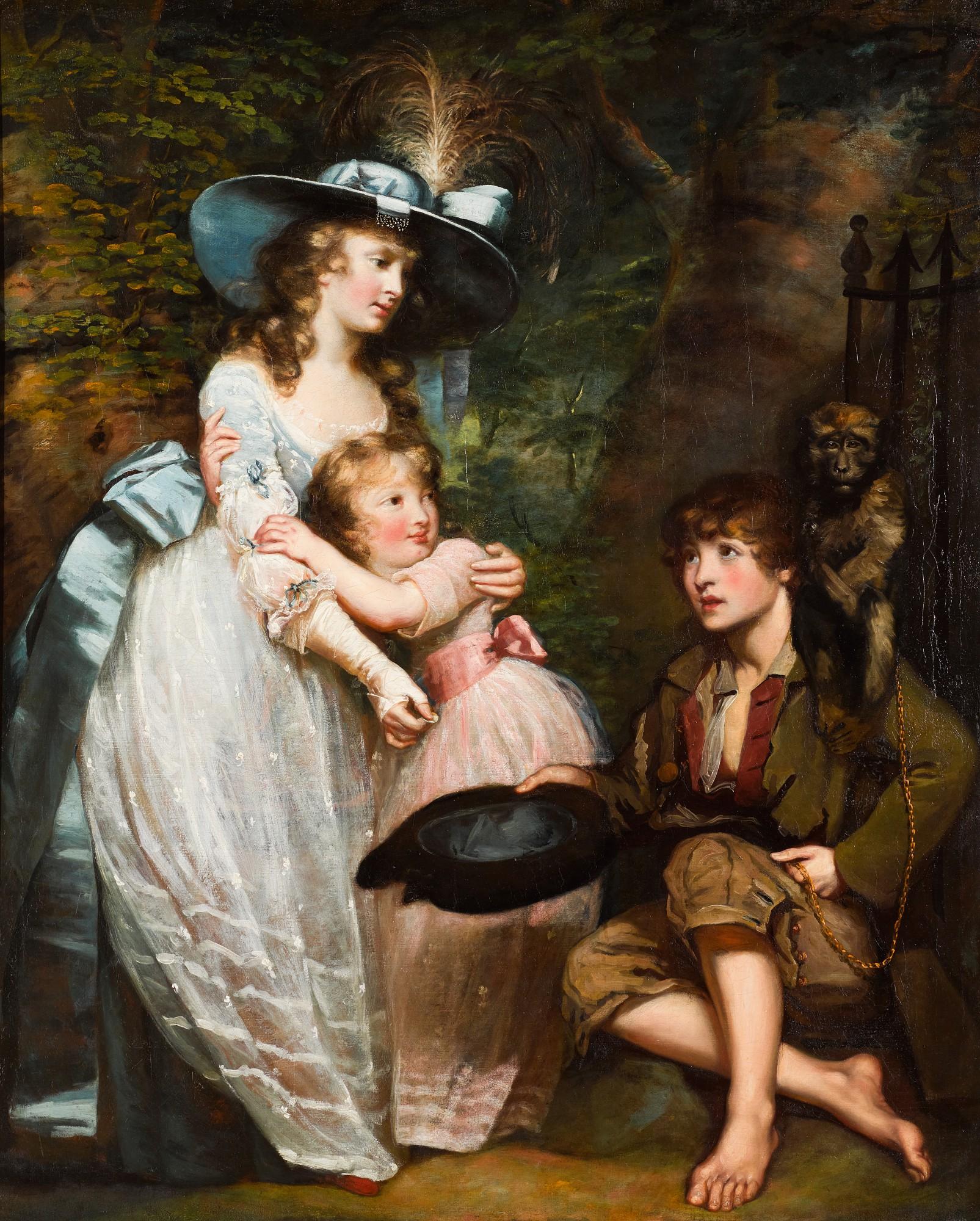 James Northcote R.A. - A Young Woman And Girl Offering Charity To A Kneeling Beggar Boy With A Monkey On His Shoulder