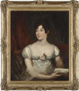 James Northcote, R.A. - Portrait of a lady, half-length, in a white dress holding a book, before a red curtain