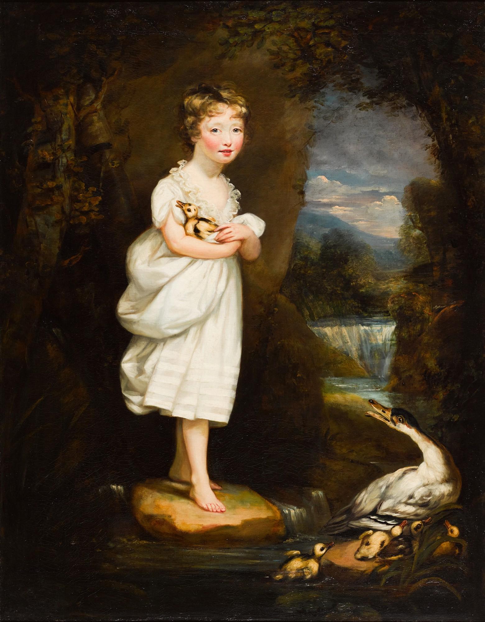 James Northcote R.A. - Portrait Of Charlotte Leycester, Full-Length, Wearing A White Dress And Holding A Duckling