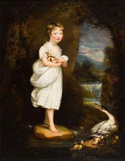 James Northcote R.A. - Portrait Of Charlotte Leycester, Full-Length, Wearing A White Dress And Holding A Duckling