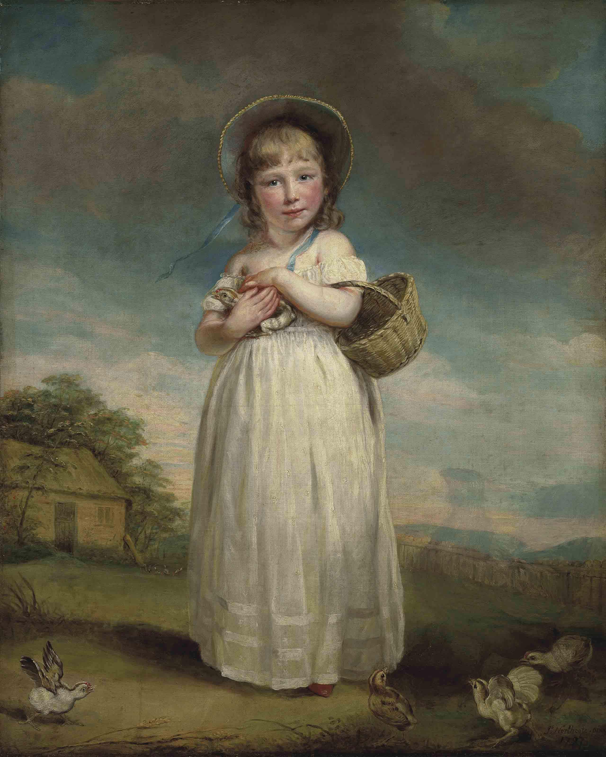 James Northcote, R.A. - Portrait of Harriet Bailey Foster, later Mrs Charles Kennett (c. 1784-1851), as a child, full-length, in a white dress and bonnet, holding a basket and a chick, in a rural landscape