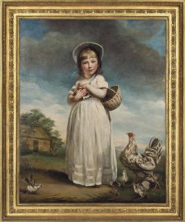 James Northcote - Portrait Of Harriet Bailey Foster, Later Mrs Charles Kennett (C.1784-1851), As A Child, Full-Length, In A White Dress And Bonnet, Holding A Basket And A Chick, In A Rural Landscape