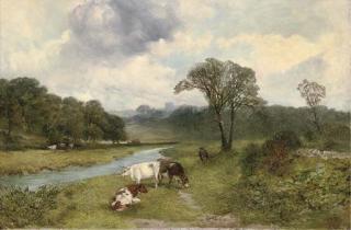 James Peel, R.B.A. - Cattle Grazing Beside The River Wye, With Haddon Hall Beyond