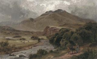 James Peel, R.B.A. - Figures on a riverside path, Beddgelert, North Wales