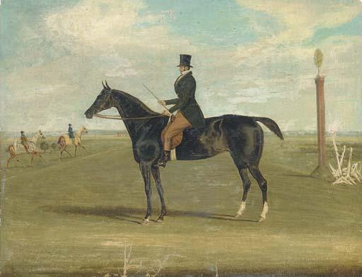 James Pollard - A Black Racehorse With A Trainer Up, With Horses Being Exercised Beyond