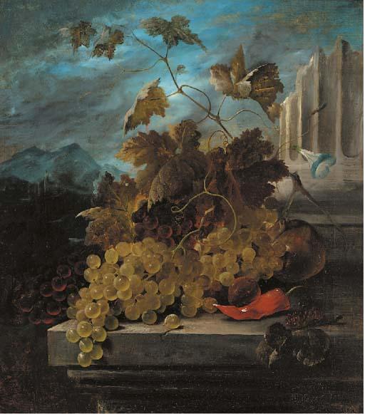 James Poulton - Grapes On A Vine With A Chilli, A Pomegranate, A Cherry And Morning Glory In A Classical Landscape