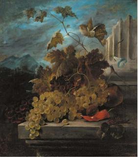 James Poulton - Grapes On A Vine With A Chilli, A Pomegranate, A Cherry And Morning Glory In A Classical Landscape