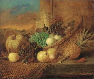 James Poulton - Grapes, plums, peaches, a pear, a pineapple, a chilli, a melon, and a wicker basket, on a wooden ledge