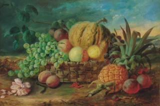 James Poulton - Grapes, plums, peaches, a pear, a pineapple, a gourd, a rose, and a wicker basket, in a landscape